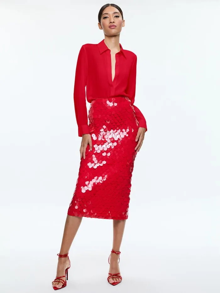 Alice Olivia SKIRTS WOMEN FIFI PAILLETTE MIDI SKIRT Bright Ruby