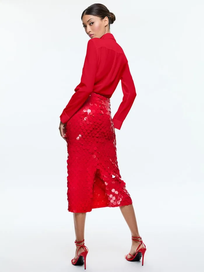 Alice Olivia SKIRTS WOMEN FIFI PAILLETTE MIDI SKIRT Bright Ruby