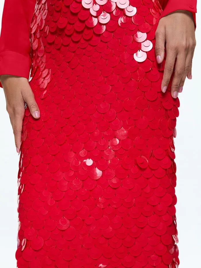 Alice Olivia SKIRTS WOMEN FIFI PAILLETTE MIDI SKIRT Bright Ruby