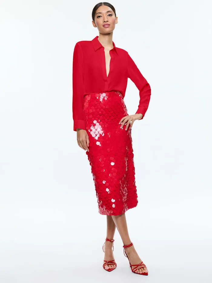 Alice Olivia SKIRTS WOMEN FIFI PAILLETTE MIDI SKIRT Bright Ruby