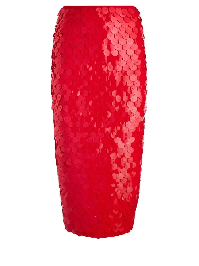 Alice Olivia SKIRTS WOMEN FIFI PAILLETTE MIDI SKIRT Bright Ruby