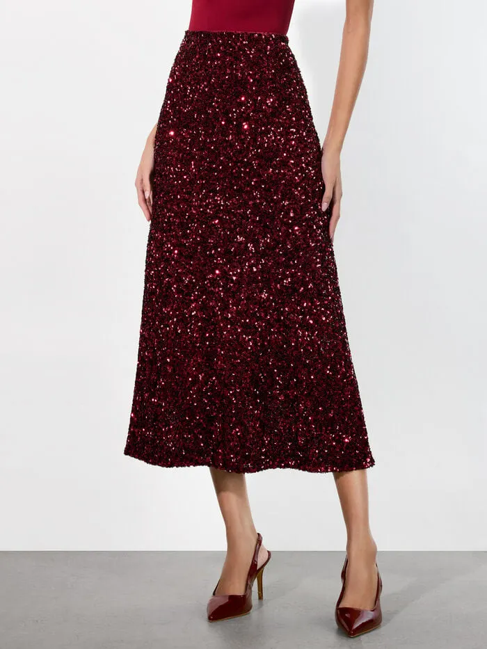 Alice Olivia SKIRTS WOMEN MAEVE SEQUIN SLIP SKIRT Garnet