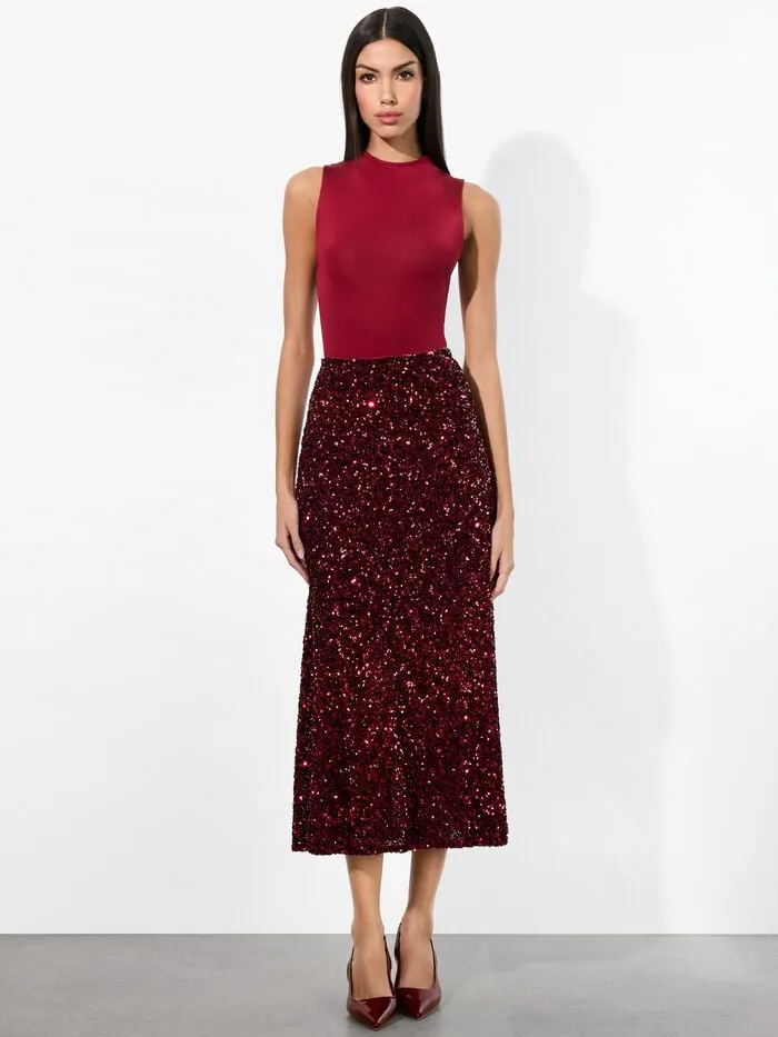 Alice Olivia SKIRTS WOMEN MAEVE SEQUIN SLIP SKIRT Garnet