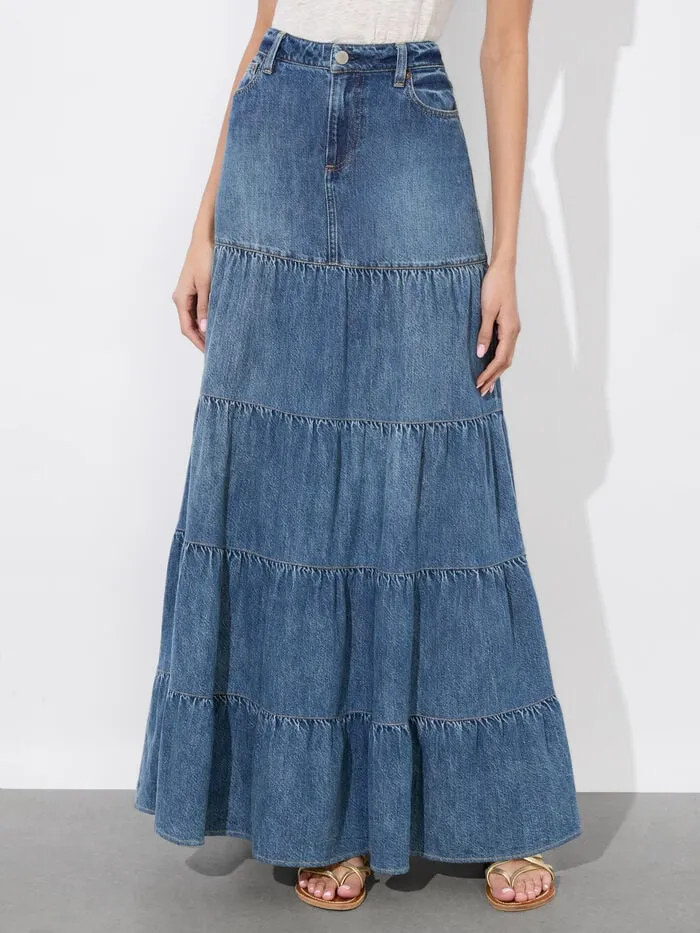 Alice Olivia SKIRTS WOMEN MINDY TIERED MAXI SKIRT Liana Vintage Blue