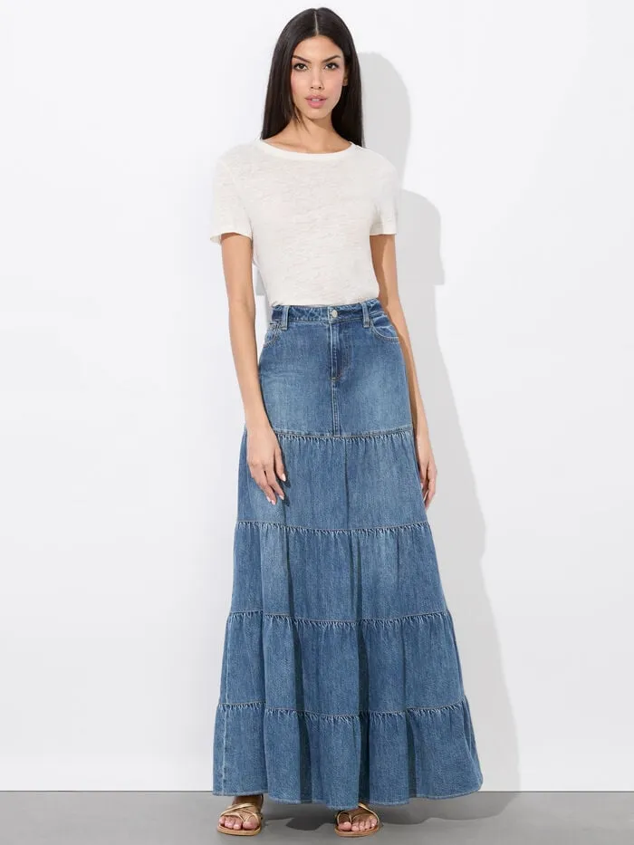 Alice Olivia SKIRTS WOMEN MINDY TIERED MAXI SKIRT Liana Vintage Blue
