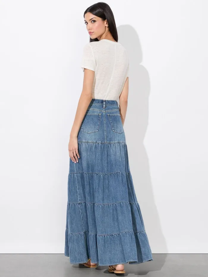 Alice Olivia SKIRTS WOMEN MINDY TIERED MAXI SKIRT Liana Vintage Blue
