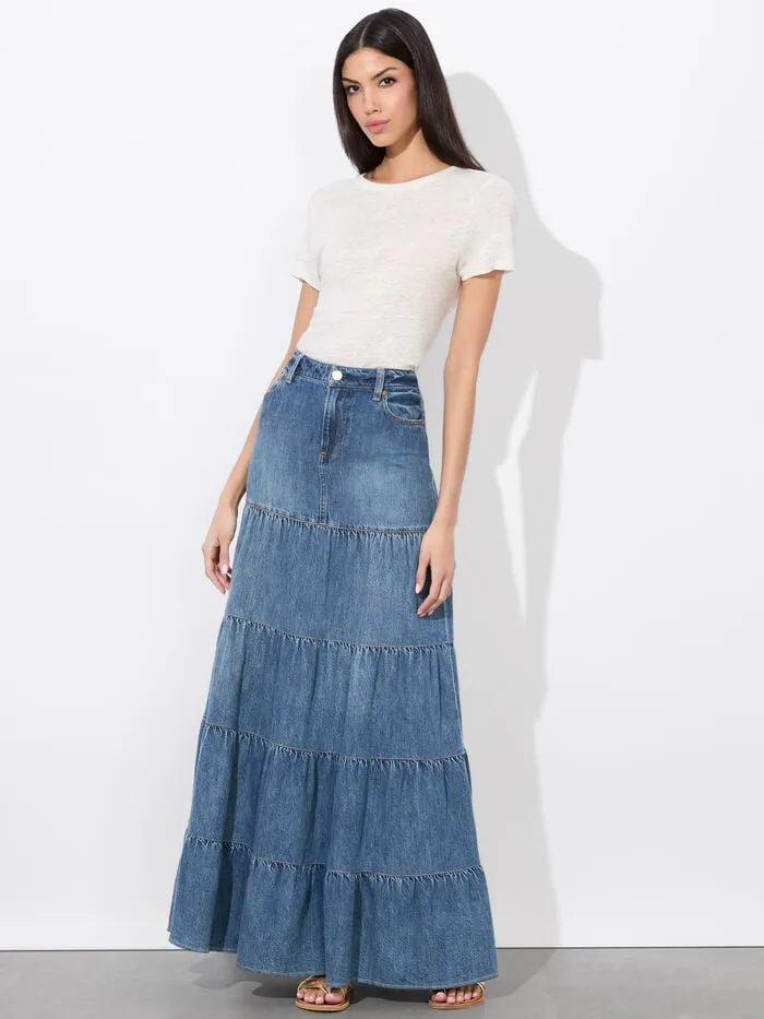 Alice Olivia SKIRTS WOMEN MINDY TIERED MAXI SKIRT Liana Vintage Blue