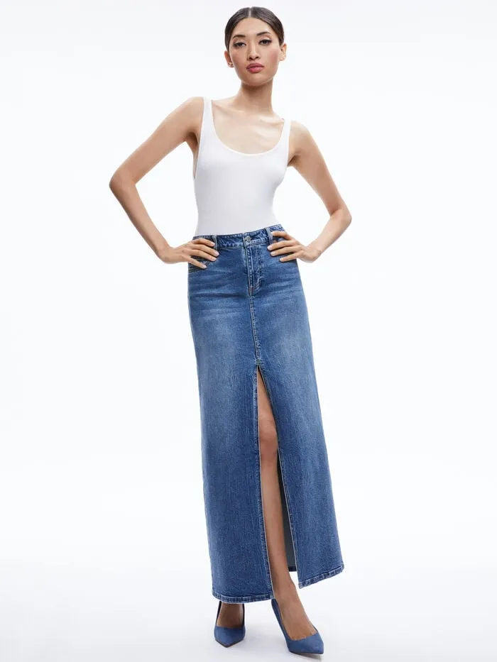 Alice Olivia SKIRTS WOMEN RYE DENIM MAXI SKIRT Brooklyn Blue