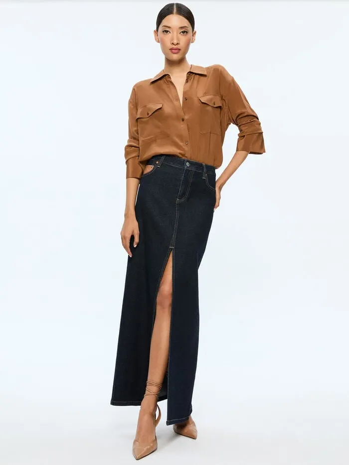Alice Olivia SKIRTS WOMEN RYE HIGH RISE SKIRT WITH VEGAN COMBO Dark Rinse