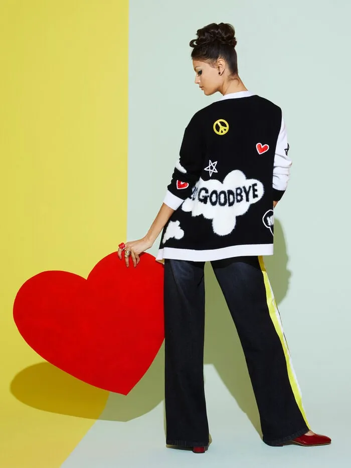 Alice Olivia SWEATERS WOMEN AO X THE BEATLES BRADFORD CARDIGAN Soft Whiteandblack Multi