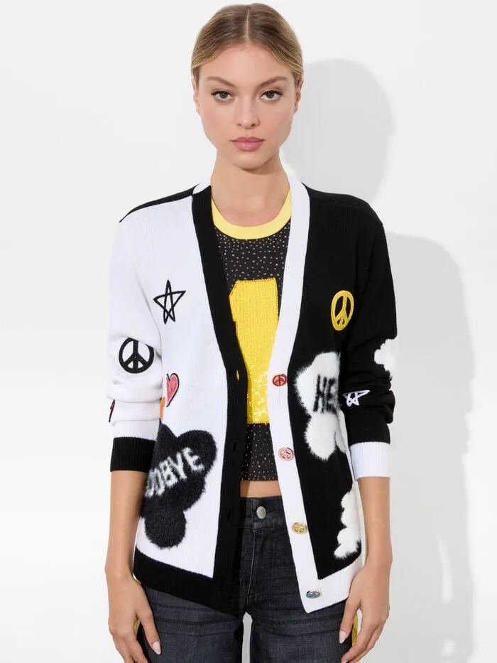 Alice Olivia SWEATERS WOMEN AO X THE BEATLES BRADFORD CARDIGAN Soft Whiteandblack Multi