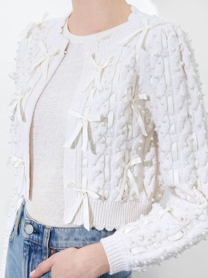 Alice Olivia SWEATERS WOMEN KITTY BOW CARDIGAN Soft White