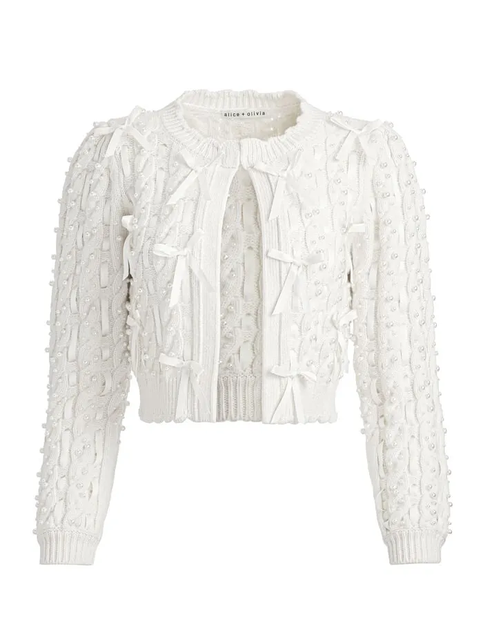 Alice Olivia SWEATERS WOMEN KITTY BOW CARDIGAN Soft White
