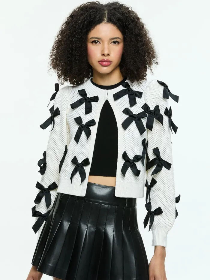 Alice Olivia SWEATERS WOMEN KITTY BOW CARDIGAN Soft Whiteandblack