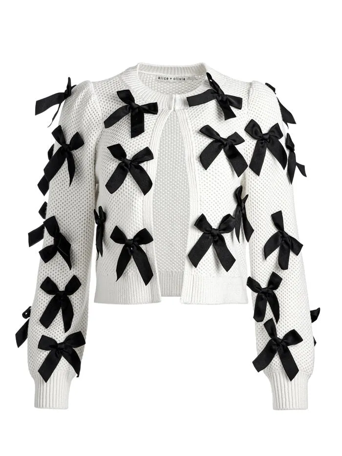 Alice Olivia SWEATERS WOMEN KITTY BOW CARDIGAN Soft Whiteandblack