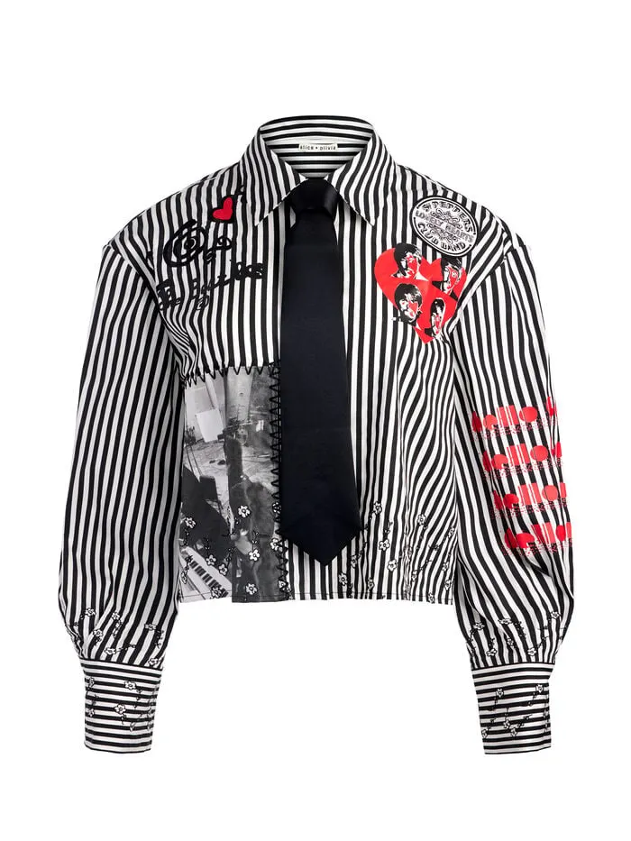 Alice Olivia TOPS WOMEN AO X THE BEATLES PAM EMBROIDERED BLOUSE Blackandoff White