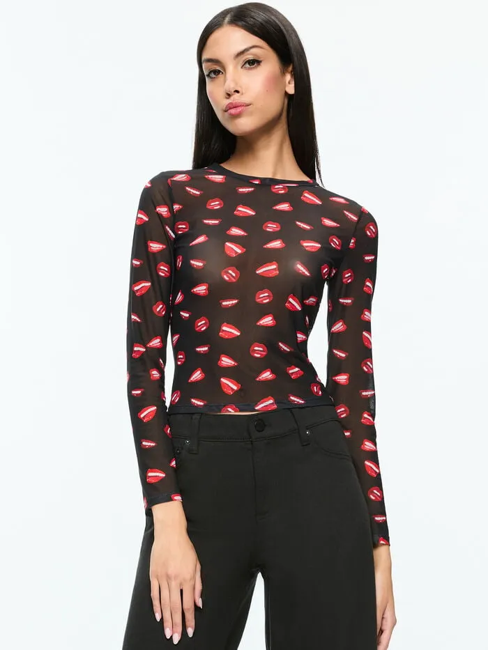 Alice Olivia TOPS WOMEN AO X TOM WESSELMANN DELAINA MESH LONG SLEEVE TOP Lip Sync Black