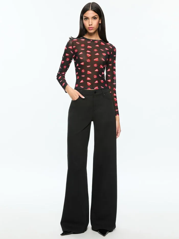 Alice Olivia TOPS WOMEN AO X TOM WESSELMANN DELAINA MESH LONG SLEEVE TOP Lip Sync Black