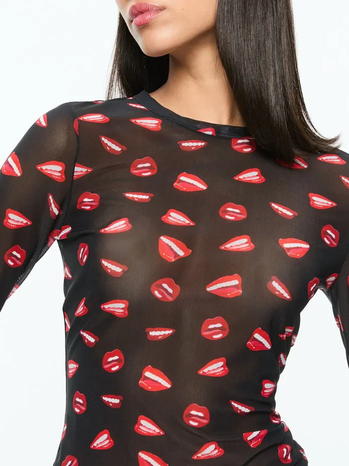 Alice Olivia TOPS WOMEN AO X TOM WESSELMANN DELAINA MESH LONG SLEEVE TOP Lip Sync Black