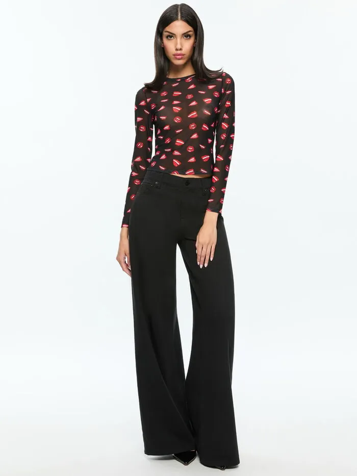 Alice Olivia TOPS WOMEN AO X TOM WESSELMANN DELAINA MESH LONG SLEEVE TOP Lip Sync Black
