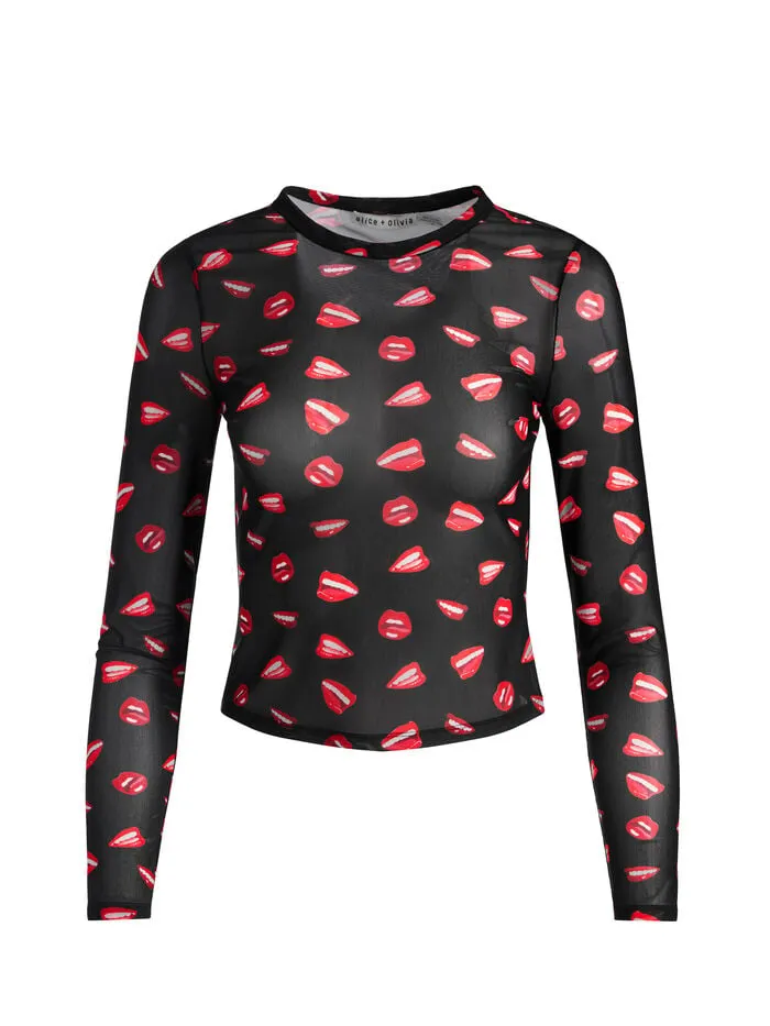 Alice Olivia TOPS WOMEN AO X TOM WESSELMANN DELAINA MESH LONG SLEEVE TOP Lip Sync Black