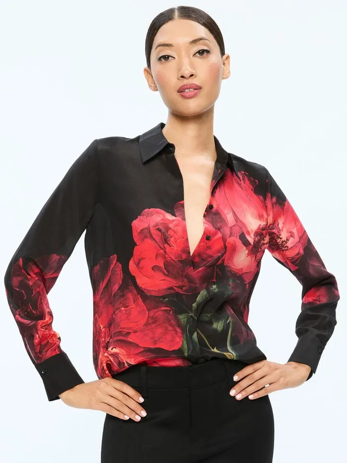 Alice Olivia TOPS WOMEN BRADY SLIM BUTTON DOWN Peony Petals Bright Ruby