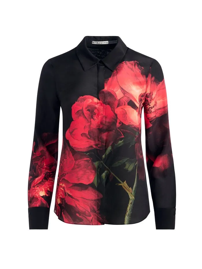Alice Olivia TOPS WOMEN BRADY SLIM BUTTON DOWN Peony Petals Bright Ruby