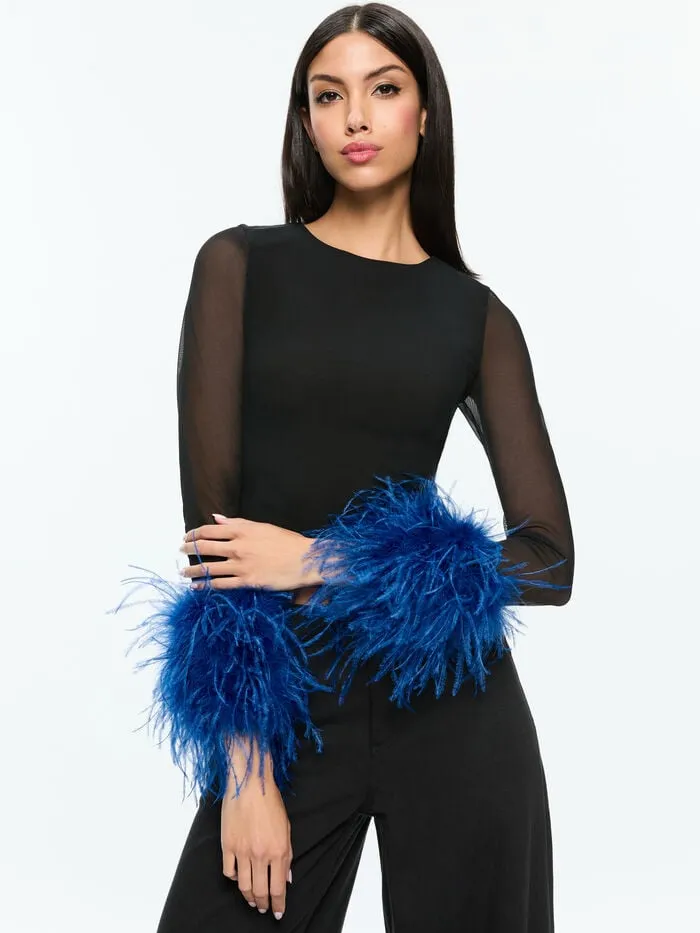 Alice Olivia TOPS WOMEN DELAINA FEATHER TOP Blackandroyal