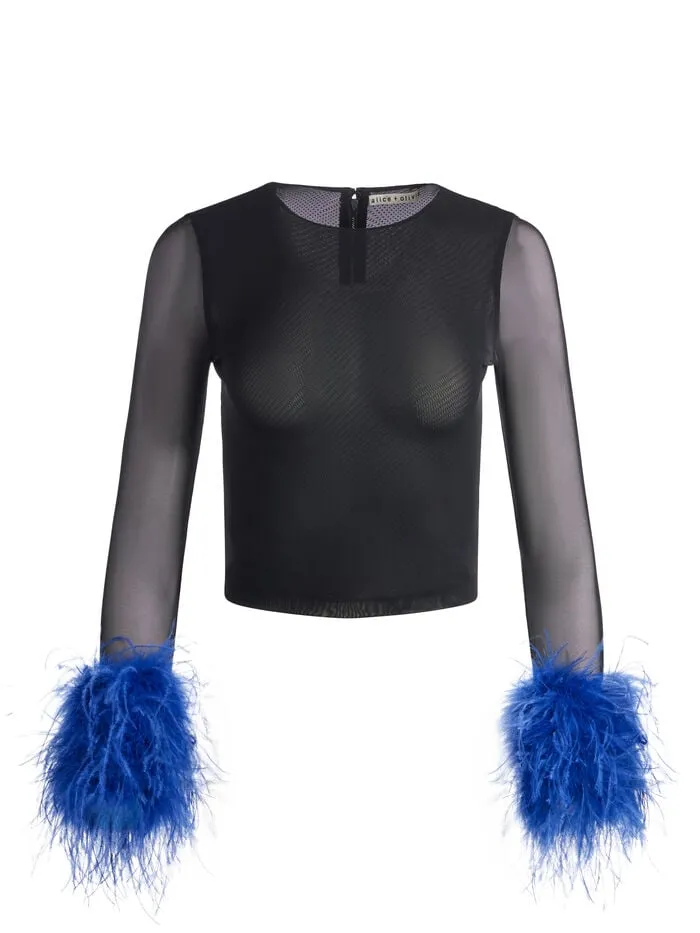 Alice Olivia TOPS WOMEN DELAINA FEATHER TOP Blackandroyal