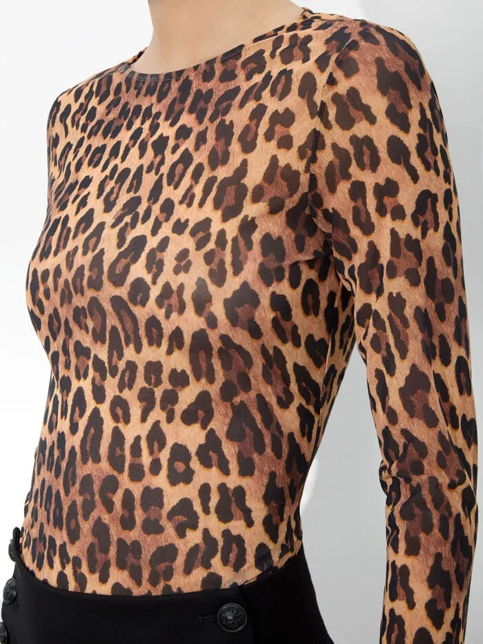Alice Olivia TOPS WOMEN DELAINA MESH TOP Spotted Leopard Dark Tan