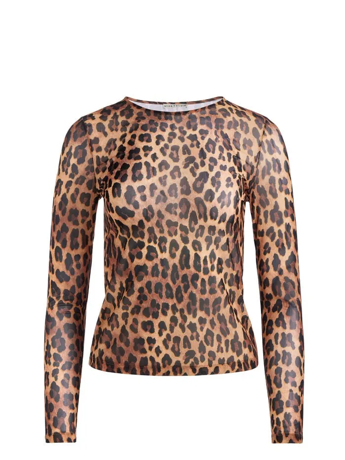 Alice Olivia TOPS WOMEN DELAINA MESH TOP Spotted Leopard Dark Tan