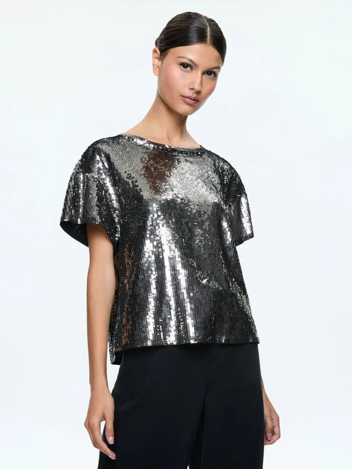 Alice Olivia TOPS WOMEN EVAN SEQUIN OVERSIZED TEE Gunmetal
