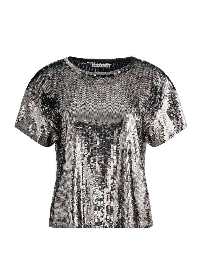 Alice Olivia TOPS WOMEN EVAN SEQUIN OVERSIZED TEE Gunmetal