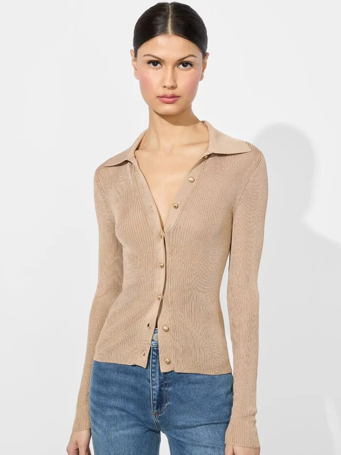 Alice Olivia TOPS WOMEN NEALIE RIBBED POLO Tan