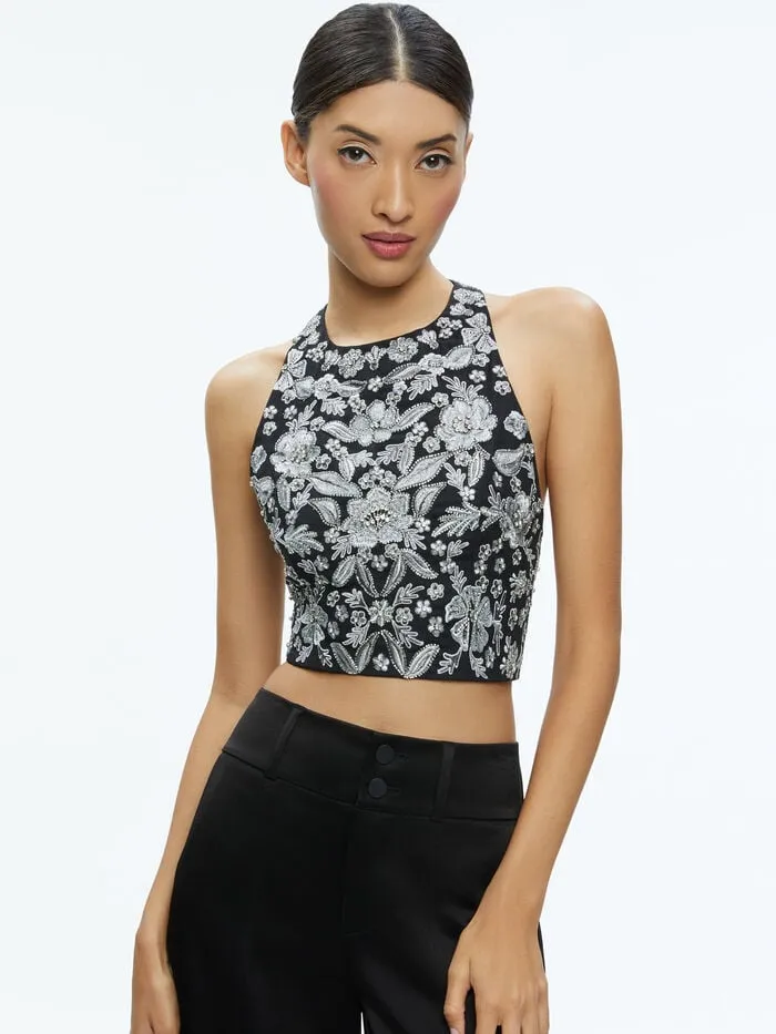 Alice Olivia TOPS WOMEN TRU RACER BACK FITTED CROP TOP Blackandsilver