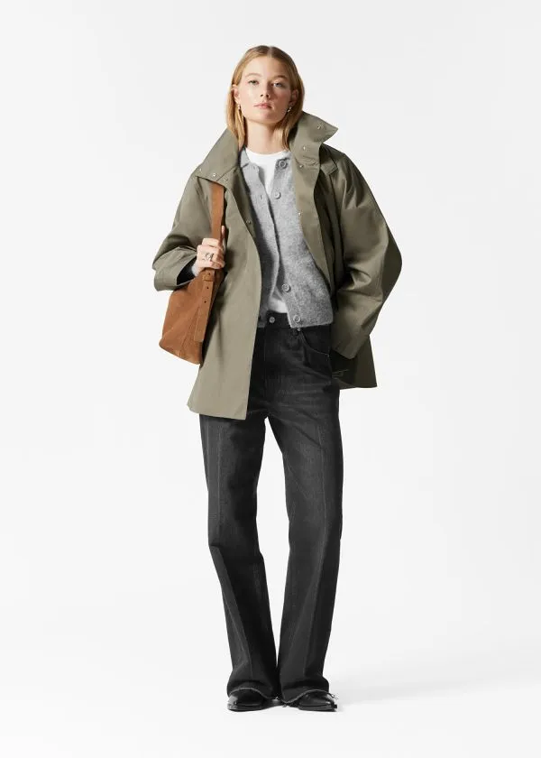and Other Stories Aline FunnelNeck Jacket Khaki Green Women Jackets and Coats
