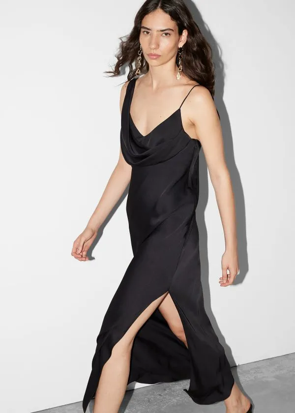 and Other Stories Asymmetric CowlNeck Midi Dress Black Women Dresses
