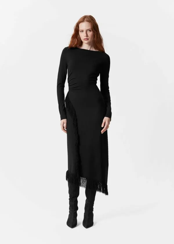 and Other Stories Asymmetric Fringe Midi Dress Black Women Dresses