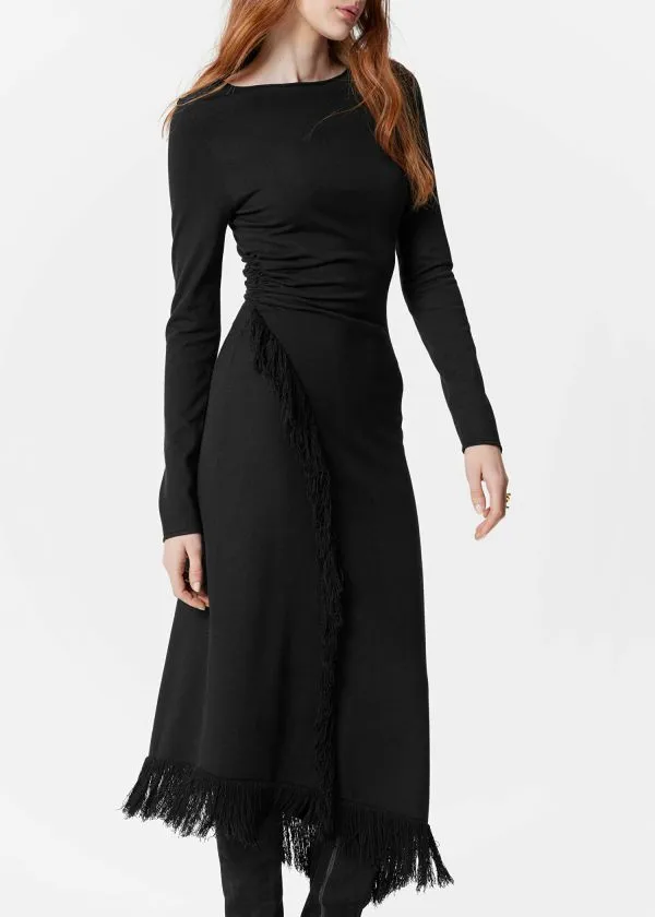 and Other Stories Asymmetric Fringe Midi Dress Black Women Dresses