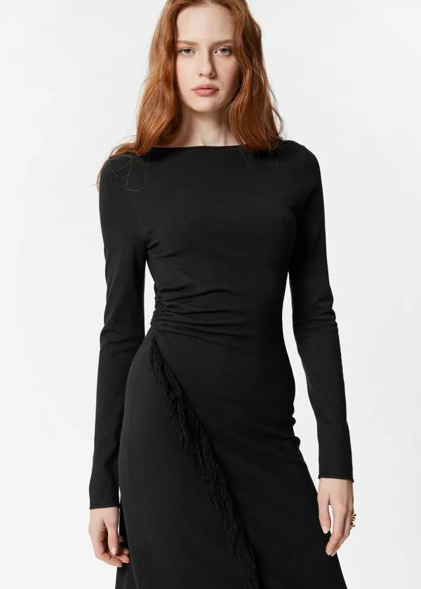 and Other Stories Asymmetric Fringe Midi Dress Black Women Dresses