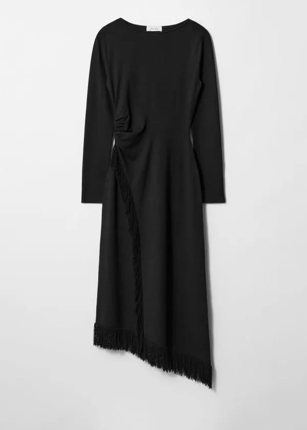 and Other Stories Asymmetric Fringe Midi Dress Black Women Dresses