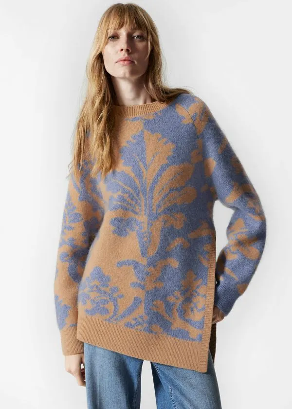 and Other Stories Asymmetric Jacquard Jumper Blue and Beige Women Knitwear