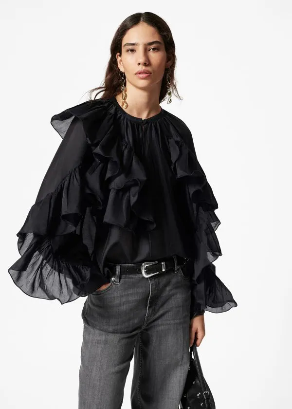 and Other Stories Asymmetric Ruffle Blouse Black Women Blouses and Shirts