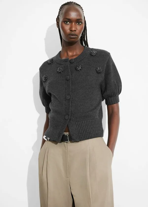 and Other Stories Beaded Merino Cardigan Grey Women Knitwear