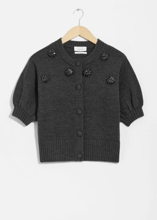 and Other Stories Beaded Merino Cardigan Grey Women Knitwear