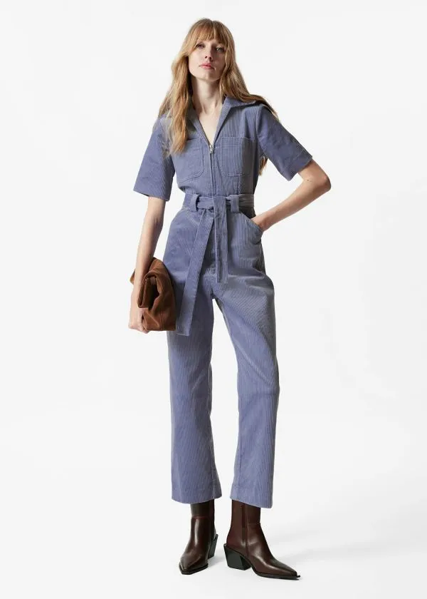 and Other Stories Belted Corduroy Jumpsuit Dusty Blue Women Trousers