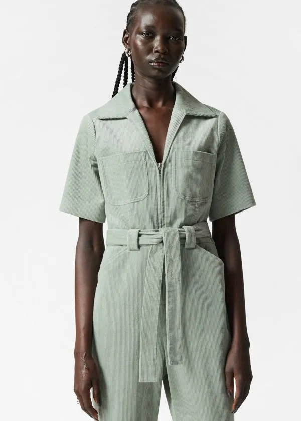 and Other Stories Belted Corduroy Jumpsuit Dusty Green Women Trousers
