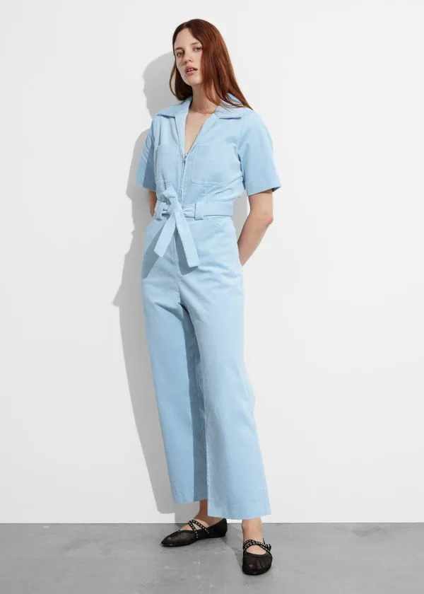 and Other Stories Belted Corduroy Jumpsuit Light Blue Women Trousers