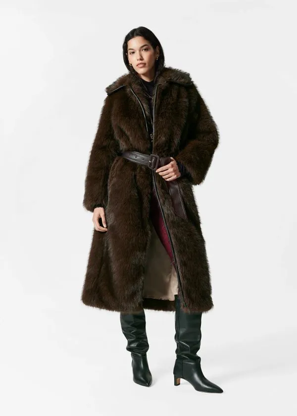 and Other Stories Belted Faux Fur Coat Brown Women Jackets and Coats
