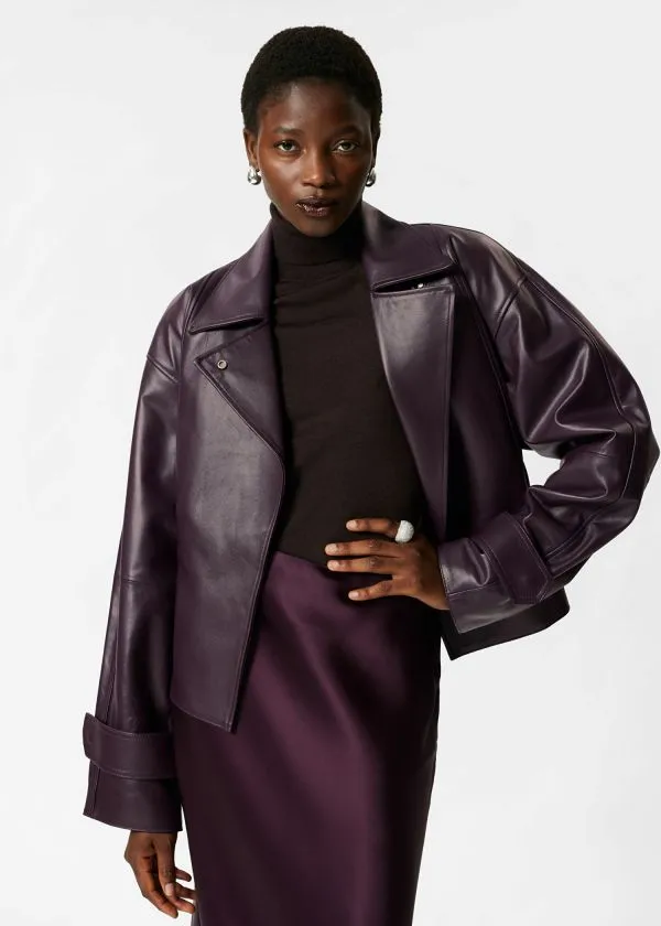 and Other Stories Belted Leather Jacket Dark Purple Women Jackets and Coats